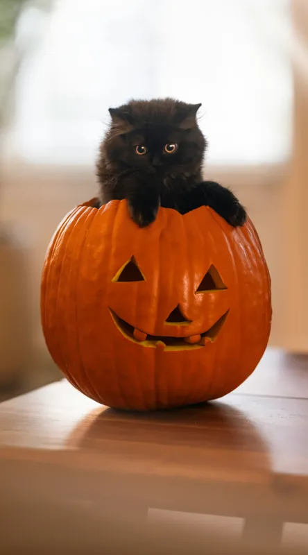 Tablou Canvas, "Pisoi curios într-un dovleac sculptat", Felina, Dovleac, Negru, Drăgălaș, Halloween, Lumină, Mobilier, Blană, Fereastră, Bucurie, 50 x 90 cm – poza 2