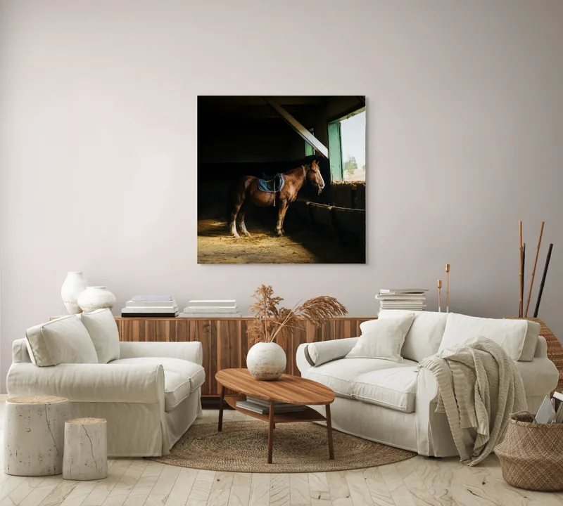 Tablou Canvas, "Cal odihnindu-se în grajd liniștit", Cal, Grajd, Lumină, Sadelă, Fereastră, Tranquilitate, Umbră, Relaxare., 100 x 100 cm – poza 3