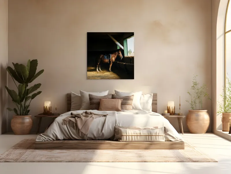 Tablou Canvas, "Cal odihnindu-se în grajd liniștit", Cal, Grajd, Lumină, Sadelă, Fereastră, Tranquilitate, Umbră, Relaxare., 100 x 100 cm – poza 4