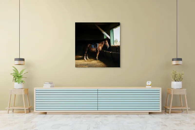 Tablou Canvas, "Cal odihnindu-se în grajd liniștit", Cal, Grajd, Lumină, Sadelă, Fereastră, Tranquilitate, Umbră, Relaxare., 100 x 100 cm – poza 5