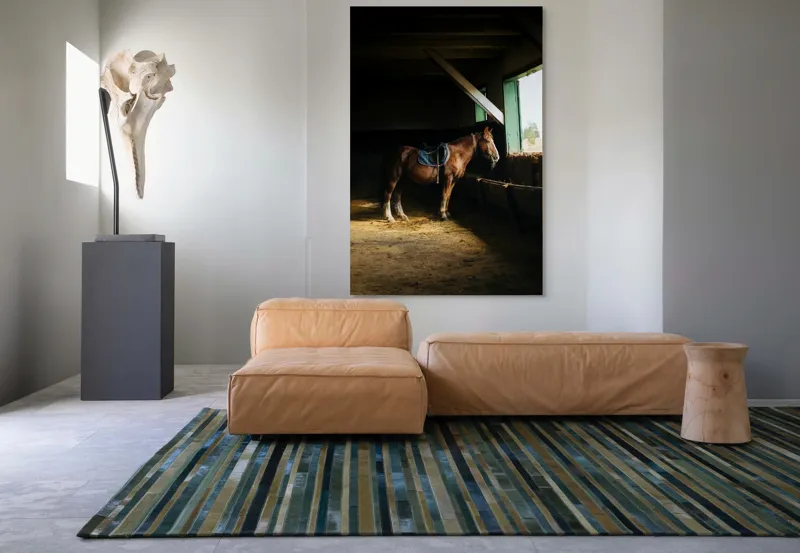 Tablou Canvas, "Cal odihnindu-se în grajd liniștit", Cal, Grajd, Lumină, Sadelă, Fereastră, Tranquilitate, Umbră, Relaxare., 100 x 150 cm – poza 7