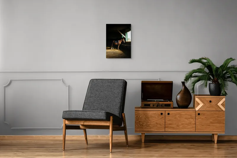 Tablou Canvas, "Cal odihnindu-se în grajd liniștit", Cal, Grajd, Lumină, Sadelă, Fereastră, Tranquilitate, Umbră, Relaxare., 39 x 54 cm – poza 8