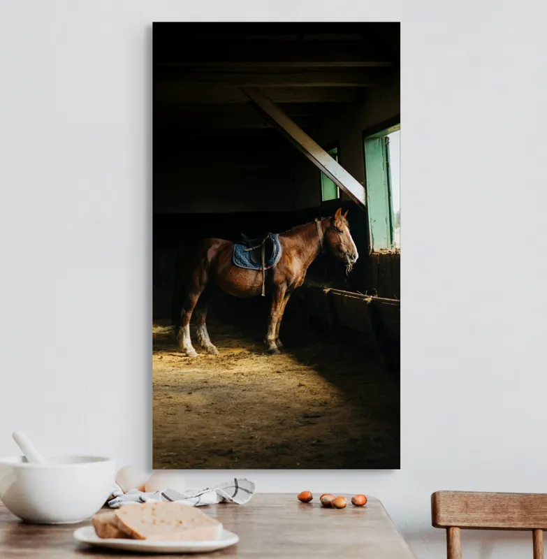 Tablou Canvas, "Cal odihnindu-se în grajd liniștit", Cal, Grajd, Lumină, Sadelă, Fereastră, Tranquilitate, Umbră, Relaxare., 50 x 90 cm – poza 3