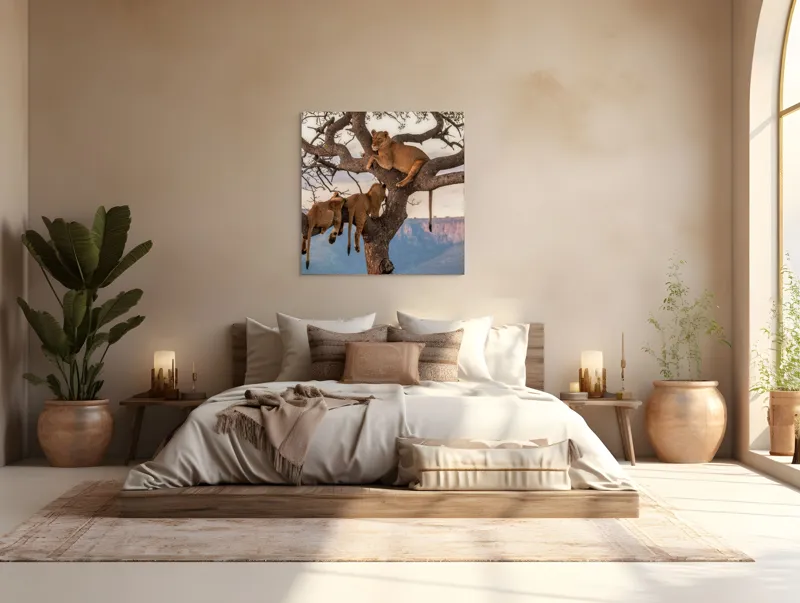 Tablou Canvas, "Leii odihnindu-se în copac african", Leu, Copaci, Odihnă, Peisaj, Natură, Colt, Savana, Relaxare, 100 x 100 cm – poza 4