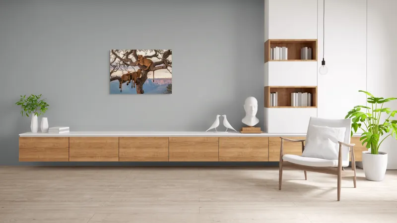 Tablou Canvas, "Leii odihnindu-se în copac african", Leu, Copaci, Odihnă, Peisaj, Natură, Colt, Savana, Relaxare, 100 x 70 cm – poza 6
