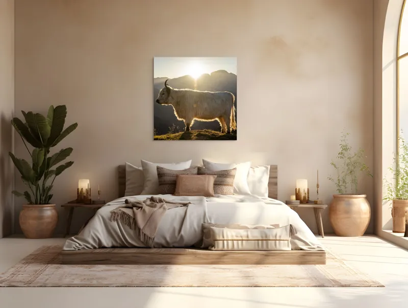 Tablou Canvas, "Yak în lumina dimineții de munte", Yak, Siluetă, Munți, Apus, Lumină, Natură, Blană, Peisaj, Tranquilitate, 100 x 100 cm – poza 4