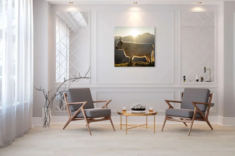Tablou Canvas, "Yak în lumina dimineții de munte", Yak, Siluetă, Munți, Apus, Lumină, Natură, Blană, Peisaj, Tranquilitate, 100 x 100 cm – poza 7