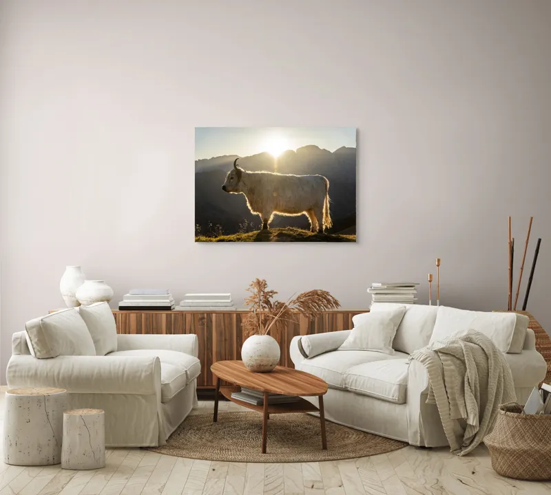 Tablou Canvas, "Yak în lumina dimineții de munte", Yak, Siluetă, Munți, Apus, Lumină, Natură, Blană, Peisaj, Tranquilitate, 100 x 70 cm – poza 3