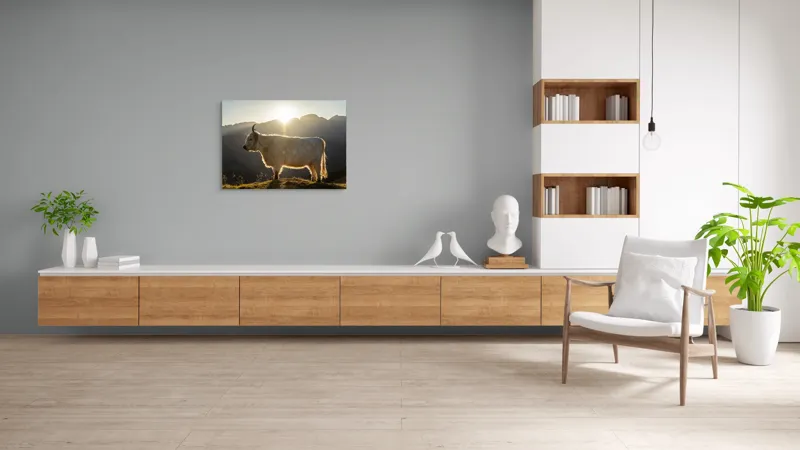 Tablou Canvas, "Yak în lumina dimineții de munte", Yak, Siluetă, Munți, Apus, Lumină, Natură, Blană, Peisaj, Tranquilitate, 100 x 70 cm – poza 6
