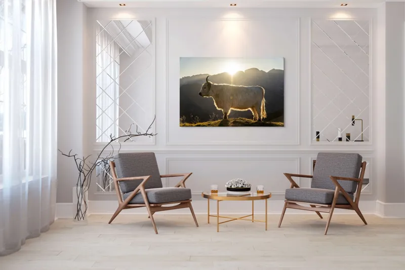 Tablou Canvas, "Yak în lumina dimineții de munte", Yak, Siluetă, Munți, Apus, Lumină, Natură, Blană, Peisaj, Tranquilitate, 150 x 100 cm – poza 7