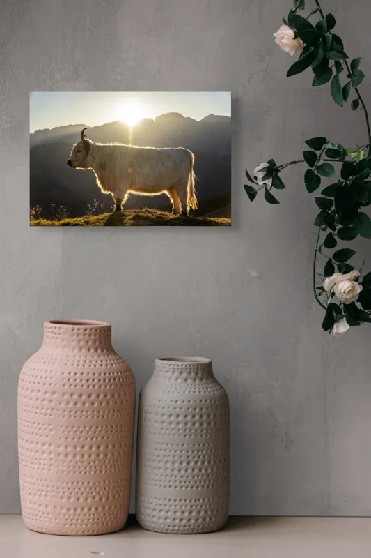 Tablou Canvas, "Yak în lumina dimineții de munte", Yak, Siluetă, Munți, Apus, Lumină, Natură, Blană, Peisaj, Tranquilitate, 39 x 26 cm – poza 4