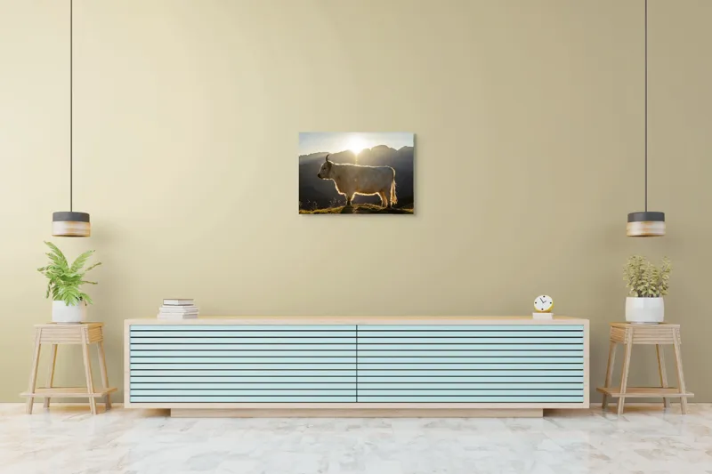 Tablou Canvas, "Yak în lumina dimineții de munte", Yak, Siluetă, Munți, Apus, Lumină, Natură, Blană, Peisaj, Tranquilitate, 70 x 50 cm – poza 7