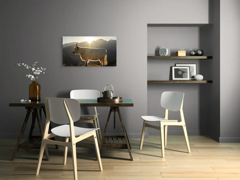 Tablou Canvas, "Yak în lumina dimineții de munte", Yak, Siluetă, Munți, Apus, Lumină, Natură, Blană, Peisaj, Tranquilitate, 90 x 50 cm – poza 3