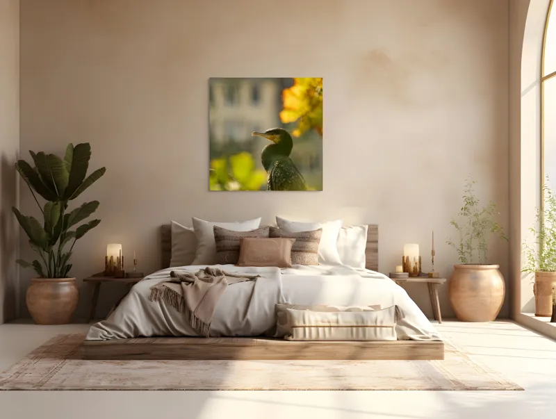 Tablou Canvas, "Cormoran în lumina apusului de toamnă", Pasăre, Penaj, Lumină, Contrast, Verdeață, Ramură, Eleganță, Blândețe., 100 x 100 cm – poza 4