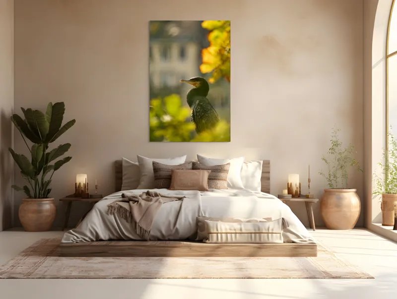 Tablou Canvas, "Cormoran în lumina apusului de toamnă", Pasăre, Penaj, Lumină, Contrast, Verdeață, Ramură, Eleganță, Blândețe., 100 x 150 cm – poza 3