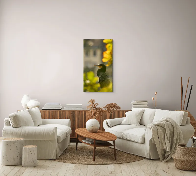 Tablou Canvas, "Cormoran în lumina apusului de toamnă", Pasăre, Penaj, Lumină, Contrast, Verdeață, Ramură, Eleganță, Blândețe., 50 x 90 cm – poza 7