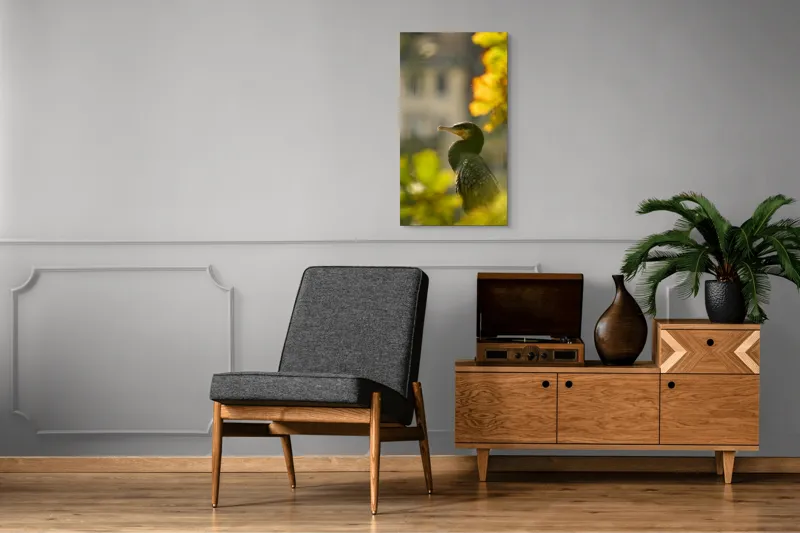 Tablou Canvas, "Cormoran în lumina apusului de toamnă", Pasăre, Penaj, Lumină, Contrast, Verdeață, Ramură, Eleganță, Blândețe., 50 x 90 cm – poza 8