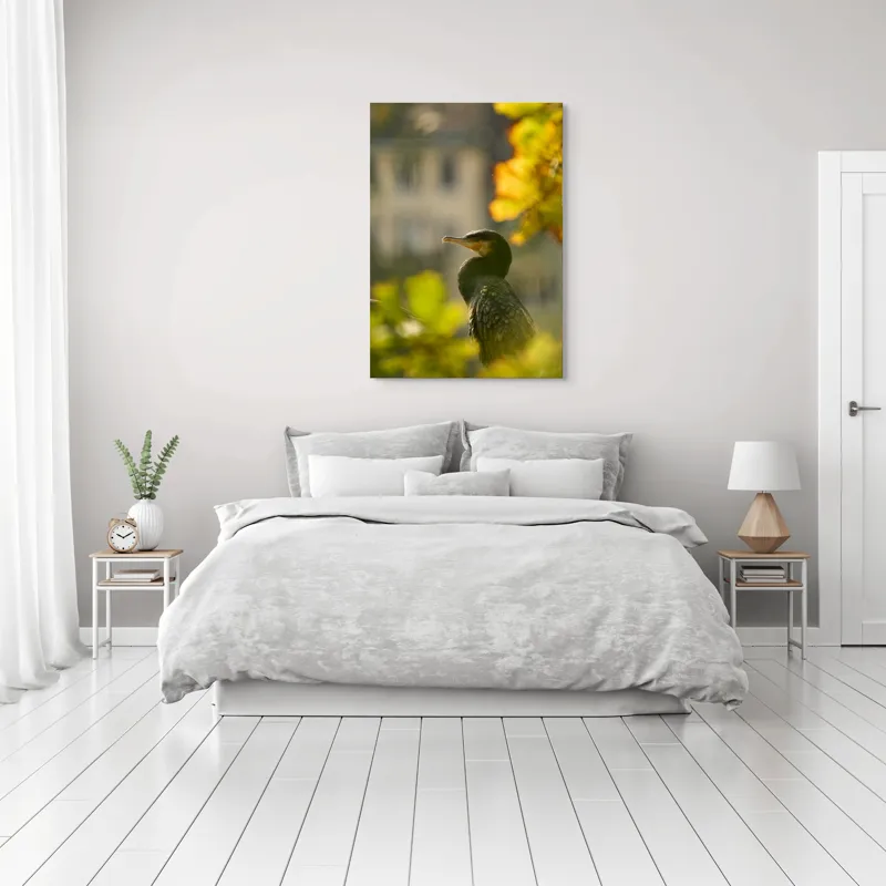 Tablou Canvas, "Cormoran în lumina apusului de toamnă", Pasăre, Penaj, Lumină, Contrast, Verdeață, Ramură, Eleganță, Blândețe., 70 x 100 cm – poza 3