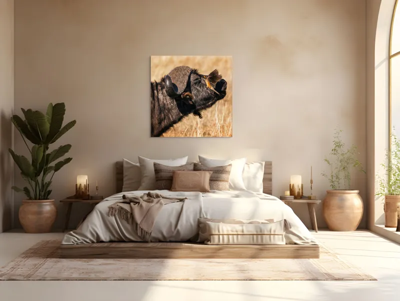 Tablou Canvas, "Bivol și pasărea curajoasă africanele", Bufniță, Pasăre, Bizon, Pene, Coarne, Păr, Interacțiune, Natură, Sălbăticie, Câmpie, 100 x 100 cm – poza 4