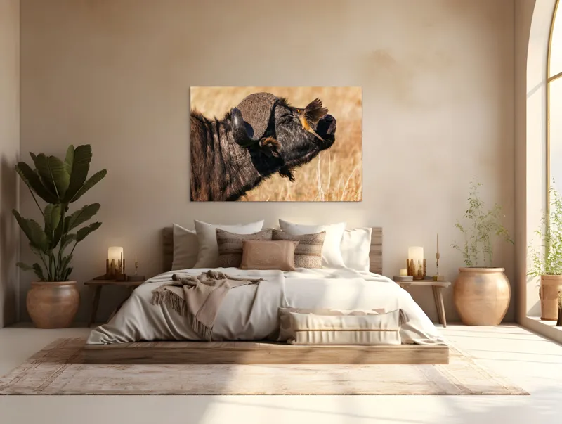 Tablou Canvas, "Bivol și pasărea curajoasă africanele", Bufniță, Pasăre, Bizon, Pene, Coarne, Păr, Interacțiune, Natură, Sălbăticie, Câmpie, 150 x 100 cm – poza 4