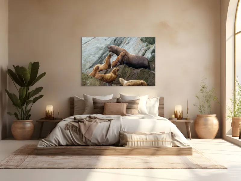 Tablou Canvas, "Leii de mare pe stânci rugoase", Leii De Mare, Rocă, Gălăgie, Natură, Colonie, Relaxare, Blană, Coste Rugoase, 150 x 100 cm – poza 4