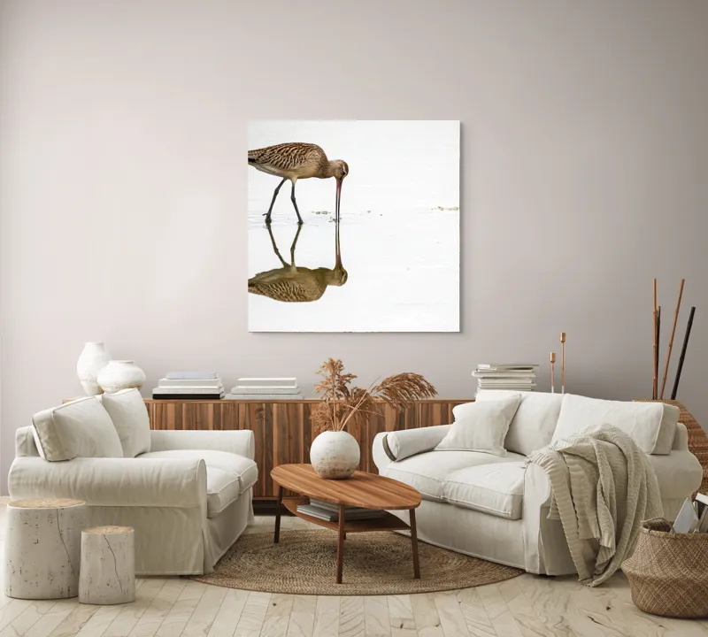 Tablou Canvas, "Păsăre căutând hrană în apă liniștită", Pasăre, Reflexie, Apă, Bej, Penaj, Cioc Lung, Alimentație, Liniște, 100 x 100 cm – poza 3