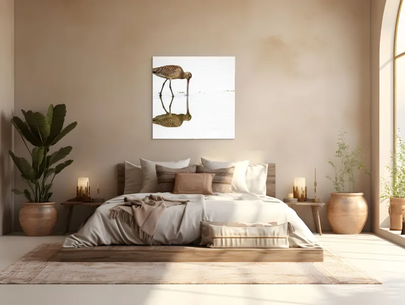 Tablou Canvas, "Păsăre căutând hrană în apă liniștită", Pasăre, Reflexie, Apă, Bej, Penaj, Cioc Lung, Alimentație, Liniște, 100 x 100 cm – poza 4