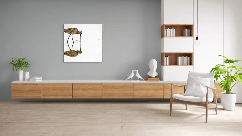 Tablou Canvas, "Păsăre căutând hrană în apă liniștită", Pasăre, Reflexie, Apă, Bej, Penaj, Cioc Lung, Alimentație, Liniște, 100 x 100 cm – poza 8