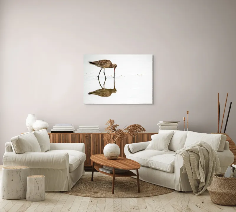 Tablou Canvas, "Păsăre căutând hrană în apă liniștită", Pasăre, Reflexie, Apă, Bej, Penaj, Cioc Lung, Alimentație, Liniște, 100 x 70 cm – poza 3