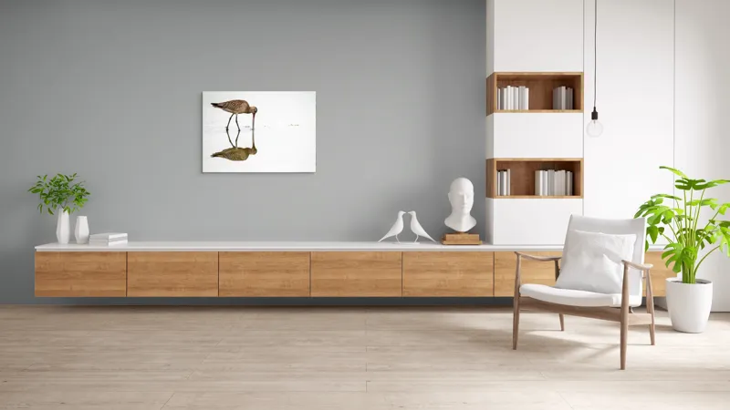 Tablou Canvas, "Păsăre căutând hrană în apă liniștită", Pasăre, Reflexie, Apă, Bej, Penaj, Cioc Lung, Alimentație, Liniște, 100 x 70 cm – poza 6