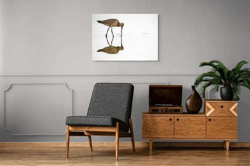 Tablou Canvas, "Păsăre căutând hrană în apă liniștită", Pasăre, Reflexie, Apă, Bej, Penaj, Cioc Lung, Alimentație, Liniște, 100 x 70 cm – poza 8
