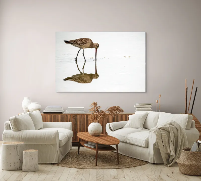 Tablou Canvas, "Păsăre căutând hrană în apă liniștită", Pasăre, Reflexie, Apă, Bej, Penaj, Cioc Lung, Alimentație, Liniște, 150 x 100 cm – poza 3