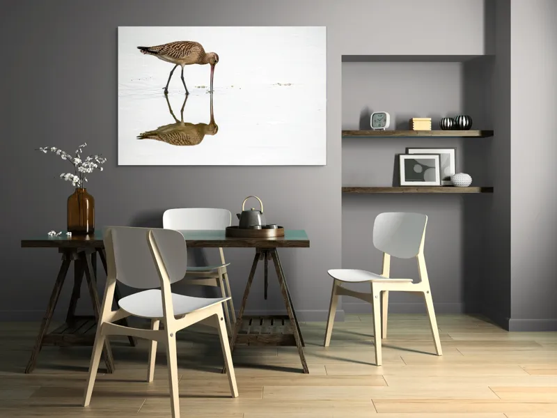 Tablou Canvas, "Păsăre căutând hrană în apă liniștită", Pasăre, Reflexie, Apă, Bej, Penaj, Cioc Lung, Alimentație, Liniște, 150 x 100 cm – poza 5