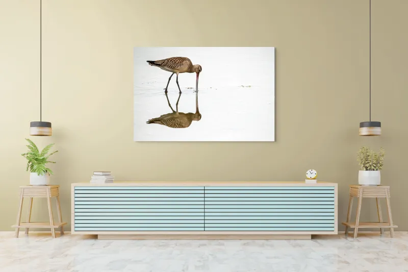 Tablou Canvas, "Păsăre căutând hrană în apă liniștită", Pasăre, Reflexie, Apă, Bej, Penaj, Cioc Lung, Alimentație, Liniște, 150 x 100 cm – poza 6