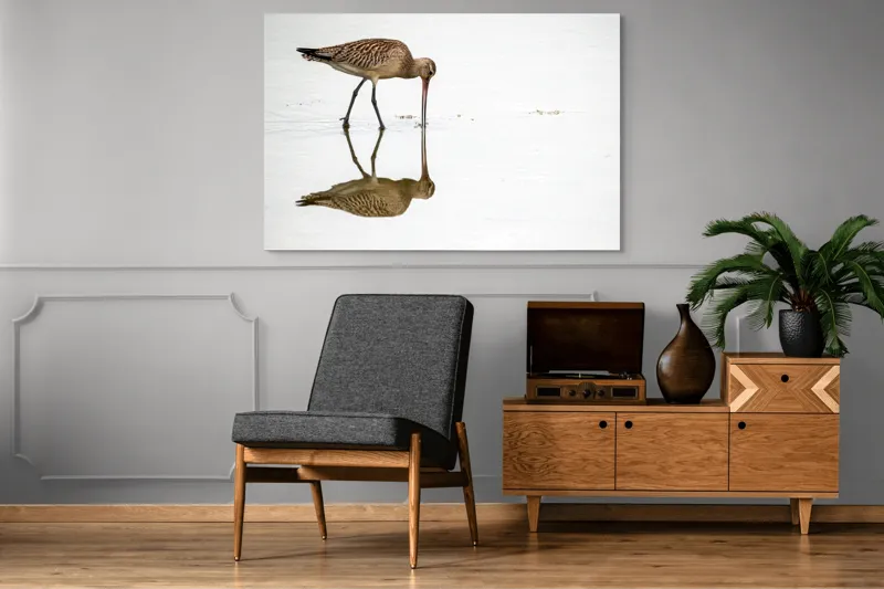 Tablou Canvas, "Păsăre căutând hrană în apă liniștită", Pasăre, Reflexie, Apă, Bej, Penaj, Cioc Lung, Alimentație, Liniște, 150 x 100 cm – poza 8