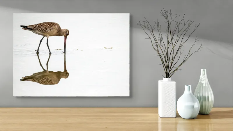 Tablou Canvas, "Păsăre căutând hrană în apă liniștită", Pasăre, Reflexie, Apă, Bej, Penaj, Cioc Lung, Alimentație, Liniște, 70 x 50 cm – poza 3