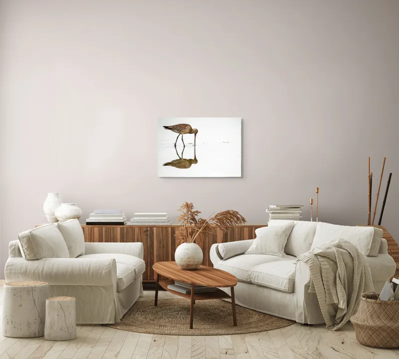 Tablou Canvas, "Păsăre căutând hrană în apă liniștită", Pasăre, Reflexie, Apă, Bej, Penaj, Cioc Lung, Alimentație, Liniște, 70 x 50 cm – poza 6
