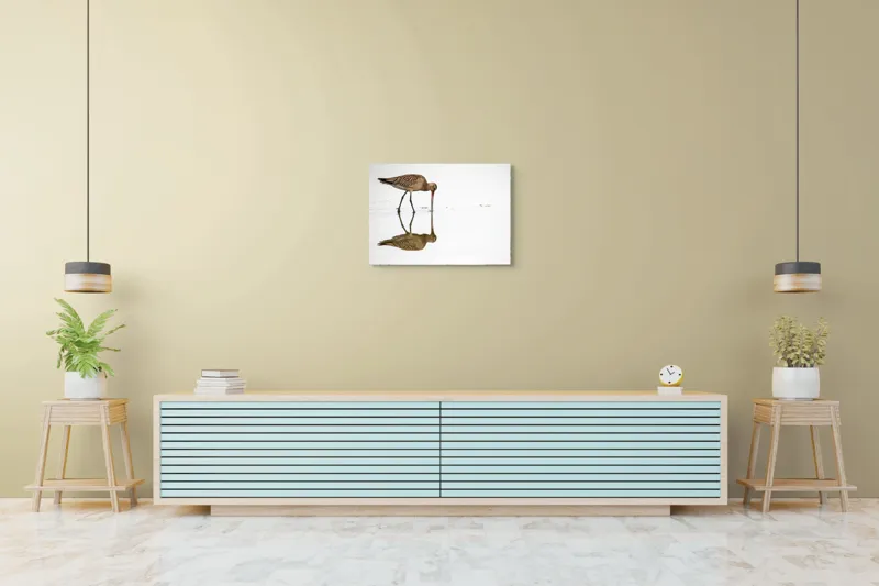Tablou Canvas, "Păsăre căutând hrană în apă liniștită", Pasăre, Reflexie, Apă, Bej, Penaj, Cioc Lung, Alimentație, Liniște, 70 x 50 cm – poza 7