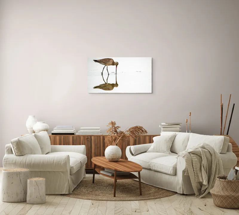 Tablou Canvas, "Păsăre căutând hrană în apă liniștită", Pasăre, Reflexie, Apă, Bej, Penaj, Cioc Lung, Alimentație, Liniște, 90 x 50 cm – poza 4