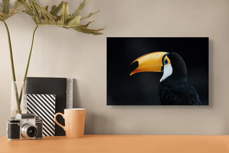 Tablou Canvas, "Tucanul în noapte liniștitoare", Pasăre, Tucan, Cioc, Portocaliu, Negru, Ochi, Contrast, Profil, Exotică, 39 x 26 cm – poza 3
