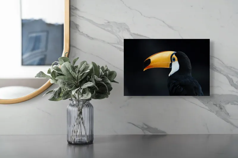 Tablou Canvas, "Tucanul în noapte liniștitoare", Pasăre, Tucan, Cioc, Portocaliu, Negru, Ochi, Contrast, Profil, Exotică, 39 x 26 cm – poza 5