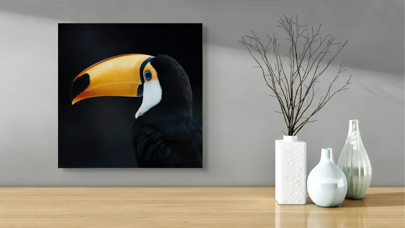 Tablou Canvas, "Tucanul în noapte liniștitoare", Pasăre, Tucan, Cioc, Portocaliu, Negru, Ochi, Contrast, Profil, Exotică, 50 x 50 cm – poza 3