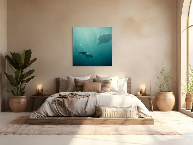 Tablou Canvas, "Înotătorul și rechinul balenă arzător", Nu știu cine este în imagine, dar pot descrie scena: Scufundător, Balenă, Apă, Ocean, Explorare, Adâncime, Lumină, Imersiune, Aventura, Natură, 100 x 100 cm – poza 4