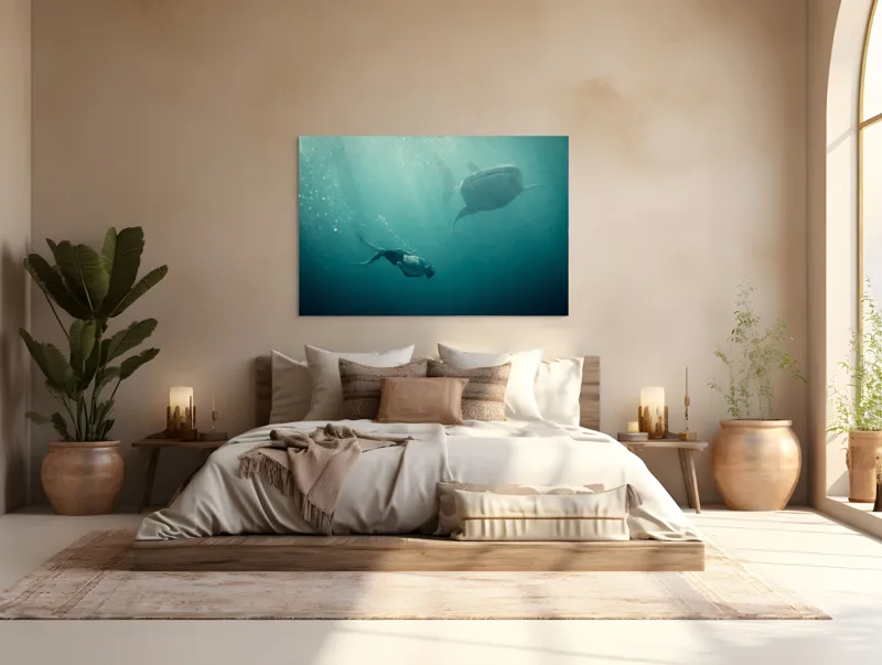 Tablou Canvas, "Înotătorul și rechinul balenă arzător", Nu știu cine este în imagine, dar pot descrie scena: Scufundător, Balenă, Apă, Ocean, Explorare, Adâncime, Lumină, Imersiune, Aventura, Natură, 150 x 100 cm – poza 4