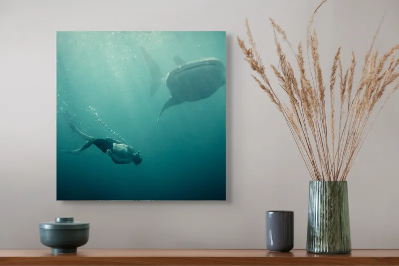 Tablou Canvas, "Înotătorul și rechinul balenă arzător", Nu știu cine este în imagine, dar pot descrie scena: Scufundător, Balenă, Apă, Ocean, Explorare, Adâncime, Lumină, Imersiune, Aventura, Natură, 50 x 50 cm – poza 4