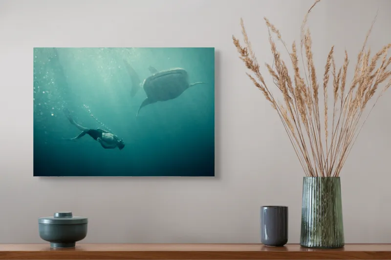 Tablou Canvas, "Înotătorul și rechinul balenă arzător", Nu știu cine este în imagine, dar pot descrie scena: Scufundător, Balenă, Apă, Ocean, Explorare, Adâncime, Lumină, Imersiune, Aventura, Natură, 54 x 39 cm – poza 4