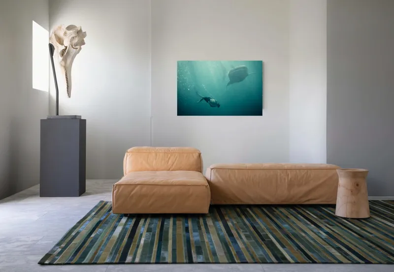 Tablou Canvas, "Înotătorul și rechinul balenă arzător", Nu știu cine este în imagine, dar pot descrie scena: Scufundător, Balenă, Apă, Ocean, Explorare, Adâncime, Lumină, Imersiune, Aventura, Natură, 90 x 50 cm – poza 8