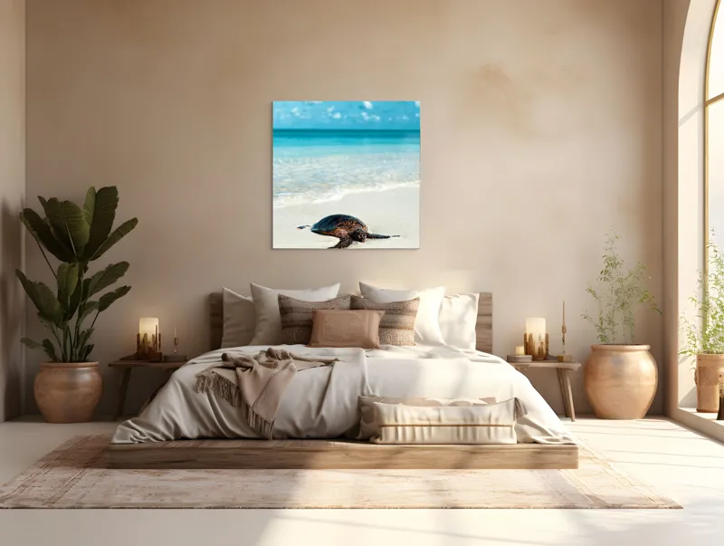 Tablou Canvas, "Țestoasa odihnindu-se pe nisip alb", Broască, Țestoasă, Plajă, Ocean, Nisip, Albastru, Cer, Valuri, Natură, Calm, 100 x 100 cm – poza 4