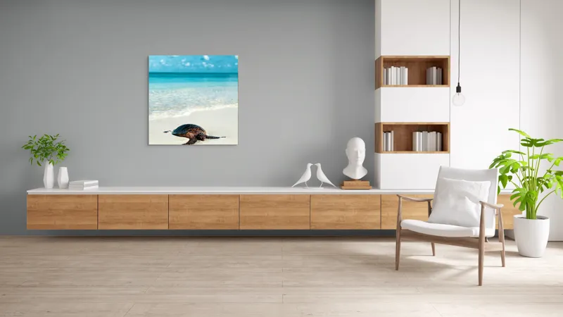 Tablou Canvas, "Țestoasa odihnindu-se pe nisip alb", Broască, Țestoasă, Plajă, Ocean, Nisip, Albastru, Cer, Valuri, Natură, Calm, 100 x 100 cm – poza 8