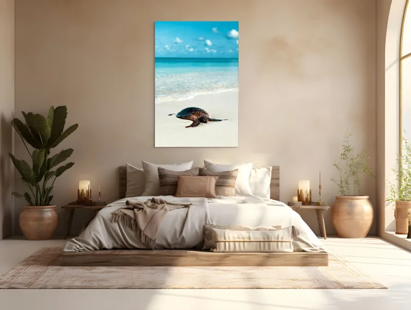 Tablou Canvas, "Țestoasa odihnindu-se pe nisip alb", Broască, Țestoasă, Plajă, Ocean, Nisip, Albastru, Cer, Valuri, Natură, Calm, 100 x 150 cm – poza 3